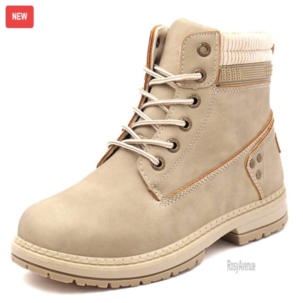 Waterproof Leather Hiking Combat Boots Lace Up Ankle Booties Low Heel